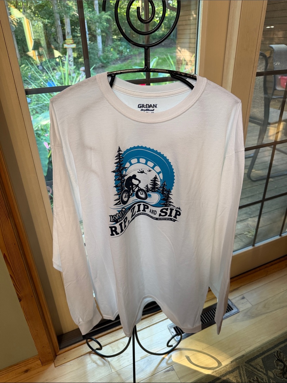 Gildan White Long Sleeve Shirt with Blue and Black Mountain Biking Graphic